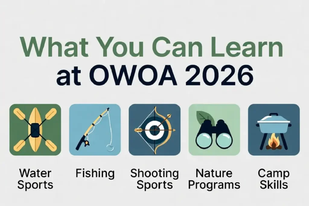 Infographic showing the five activity categories at Ohio Women's Outdoor Adventure: water sports, fishing, shooting sports, nature programs, and camp skills