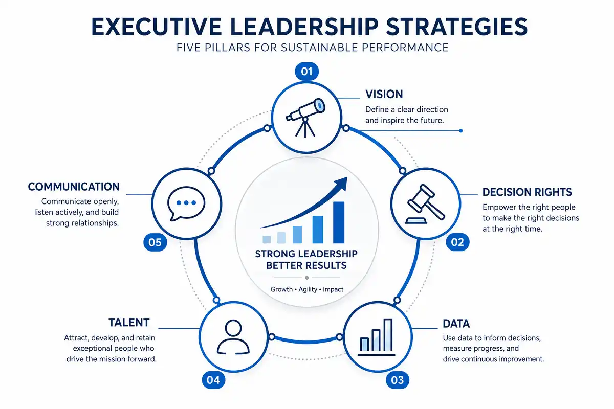 Diagram of executive leadership strategies showing vision, decision rights, data, talent, and communication pillars