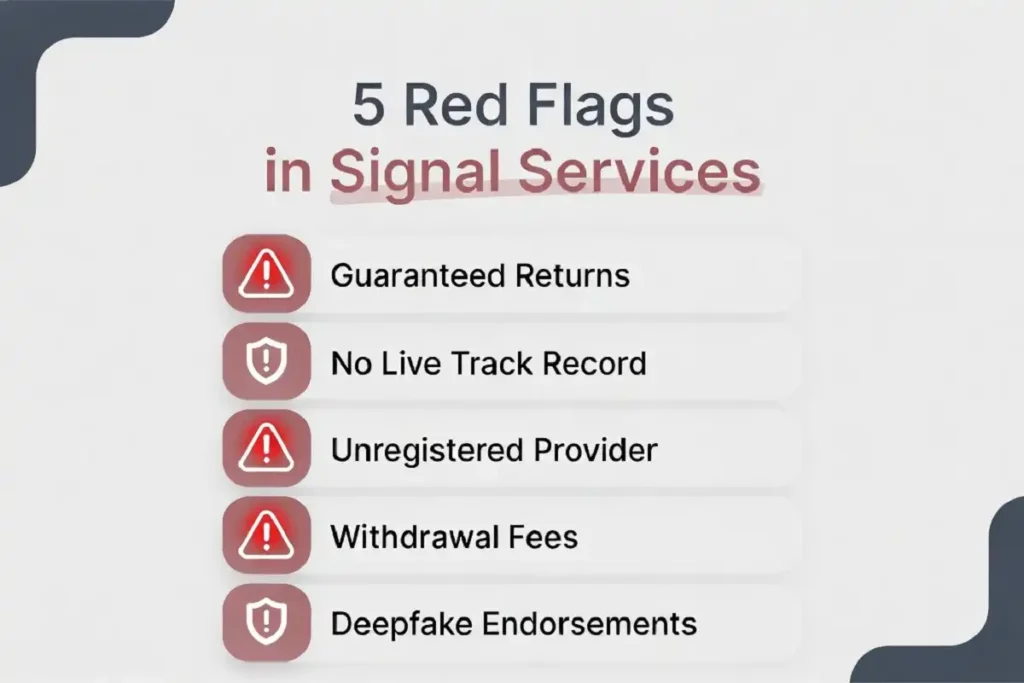 Infographic listing five red flags of fraudulent AI trade signals including guaranteed returns, no live track record, and unregistered providers
