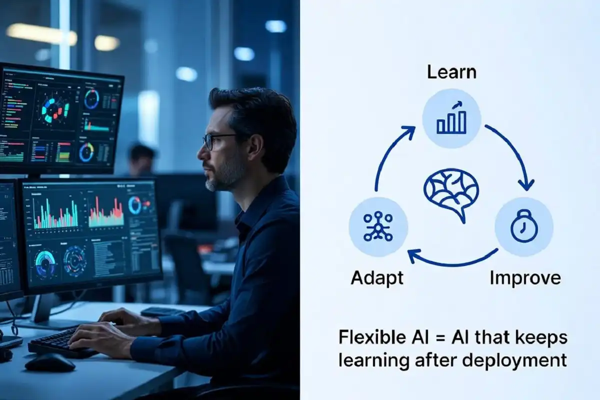Infographic and photo showing flexible artificial intelligence as a system that keeps learning, adapting, and improving after deployment
