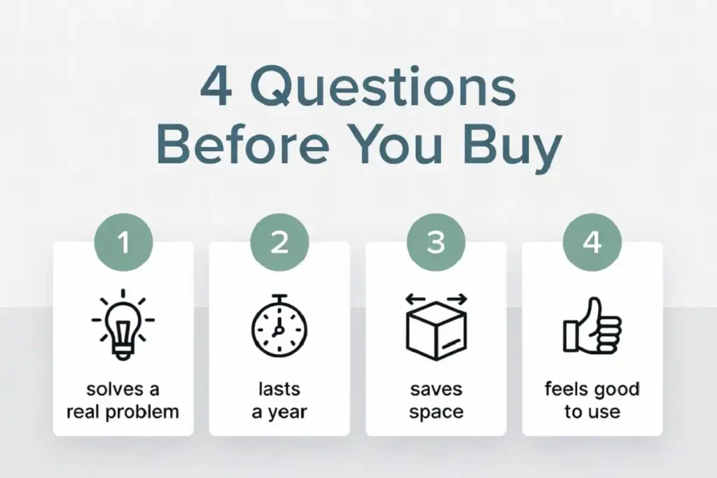 Infographic showing four questions to check before buying desk gadgets in 2026