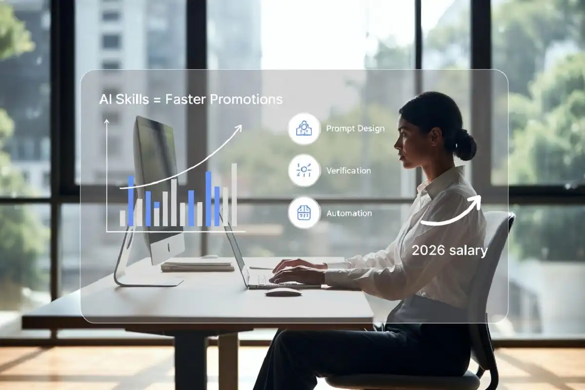 Infographic showing AI skills for career growth 2026 with rising salary and promotion data