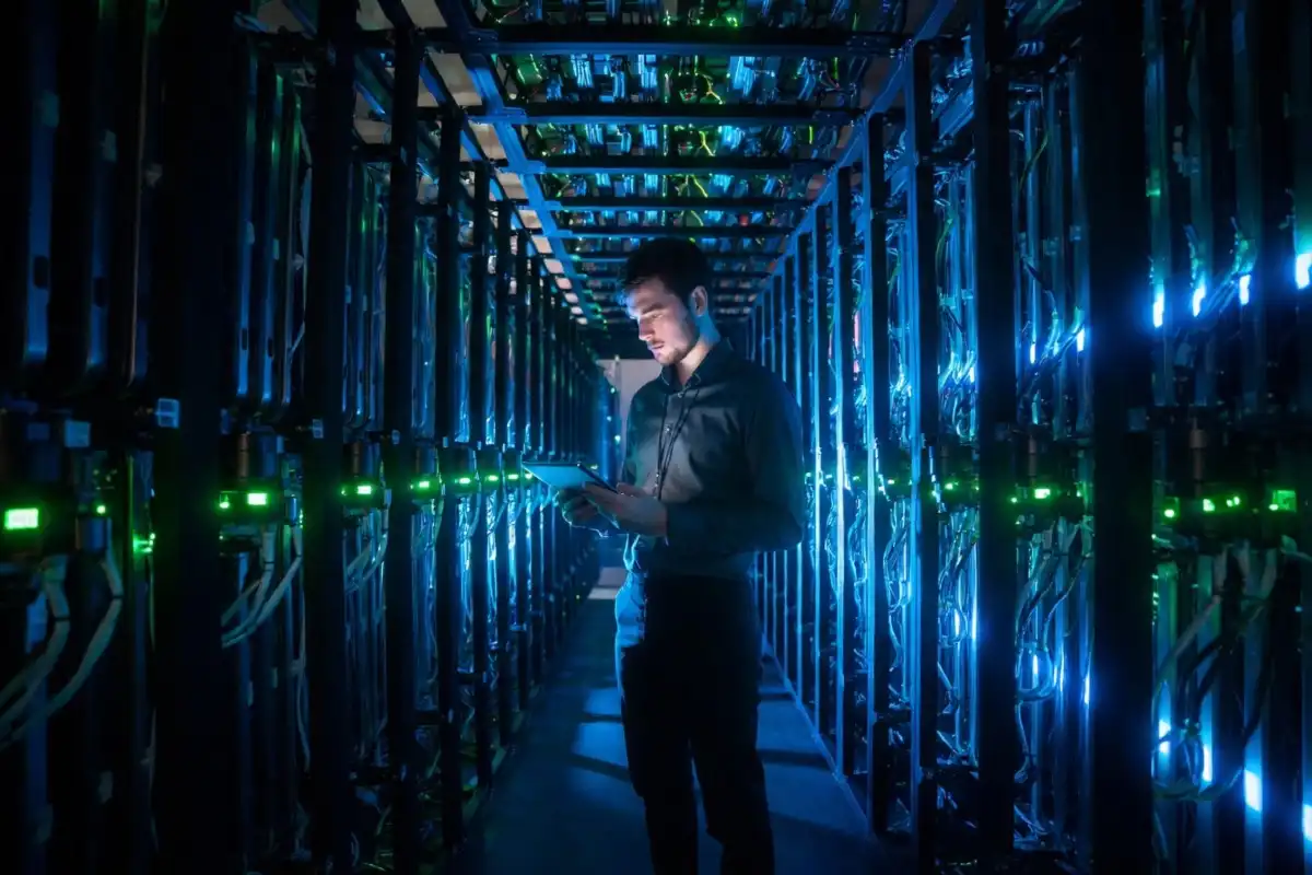 Analyst in an AI data center representing how AI reshapes enterprise strategy