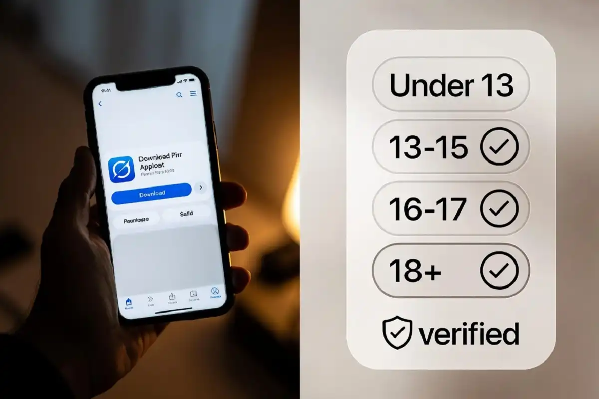 Mobile app age verification in 2026 showing app store download screen and age category infographic with parental consent