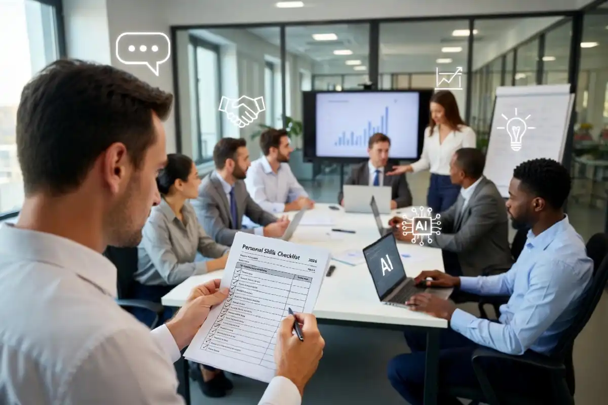 Employee developing leadership skills through teamwork, AI practice, communication, feedback, and learning in a modern workplace.