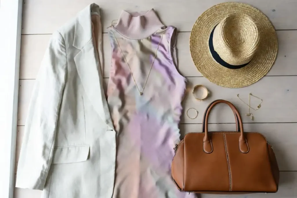 Flat-lay outfit showing how to copy celebrity Wimbledon style with linen and pastel pieces
