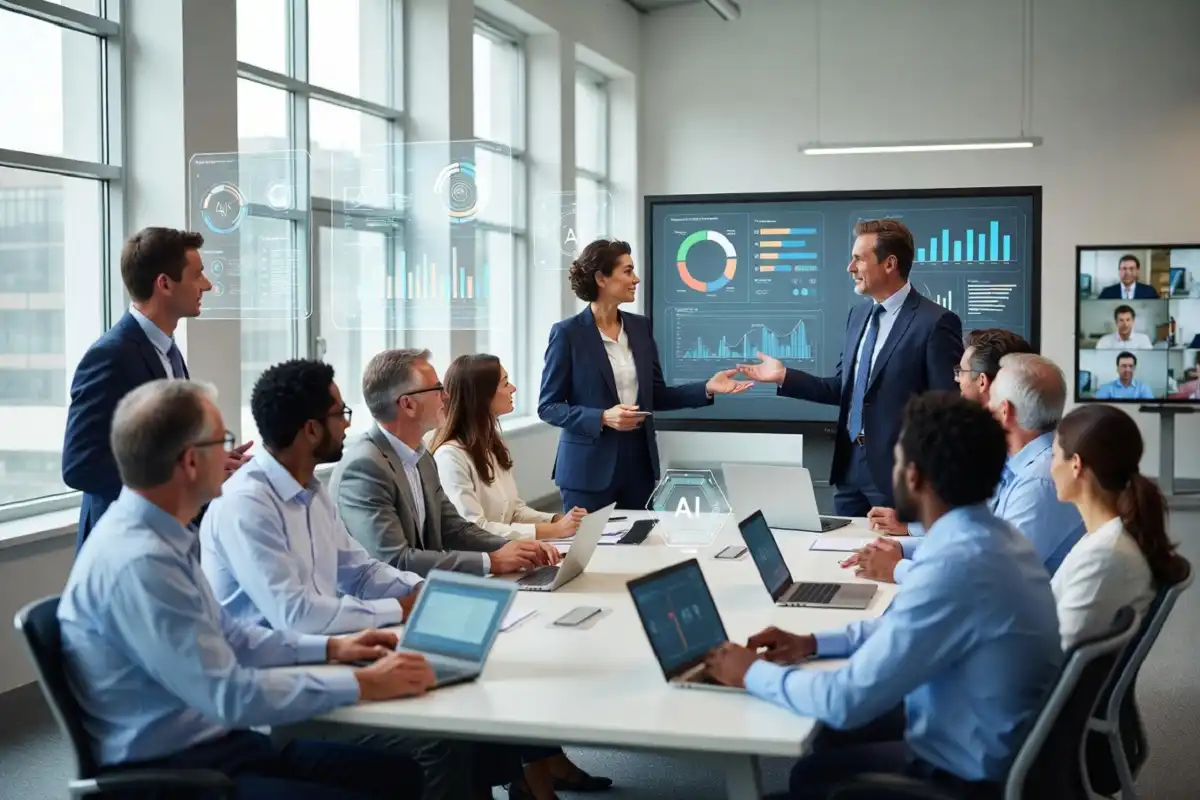 Modern business leaders using AI and collaborating with remote teams, representing leadership skills in 2026.