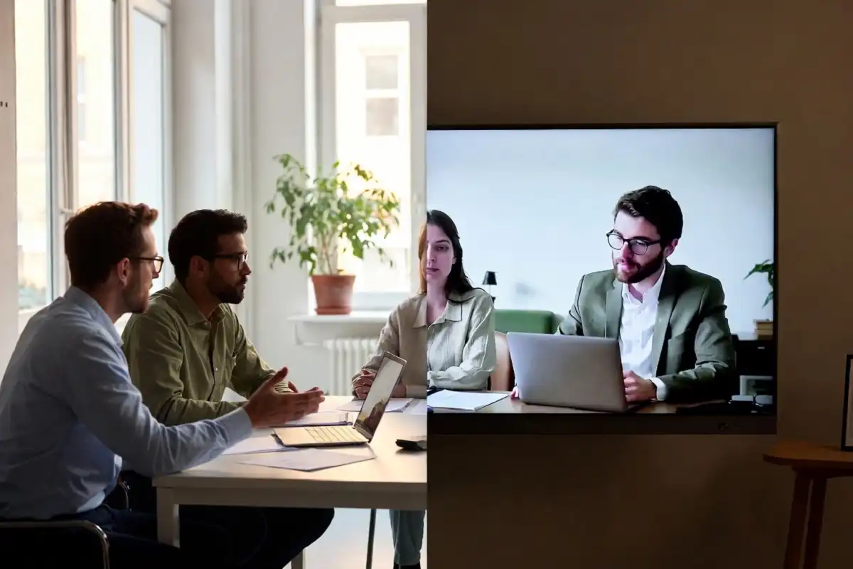 Hybrid team collaboration reflecting business leadership 2026 with in-office and remote staff