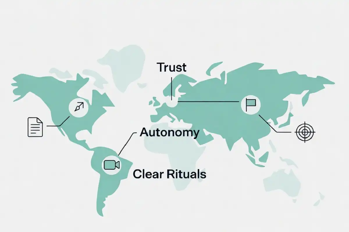 Diagram of distributed team management, part of the leadership skills 2026 toolkit