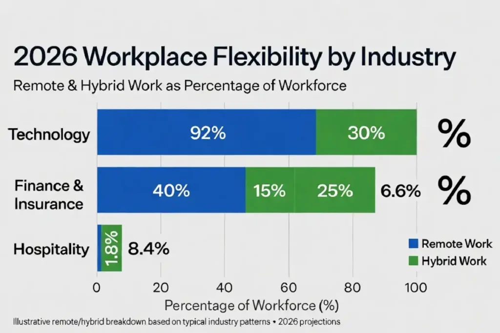 Bar chart comparing office workplace flexibility across industries in 2026, led by technology at 92 percent