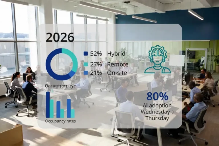 Infographic on office workplace trends showing 2026 hybrid, remote, and on-site work splits inside a modern collaborative office