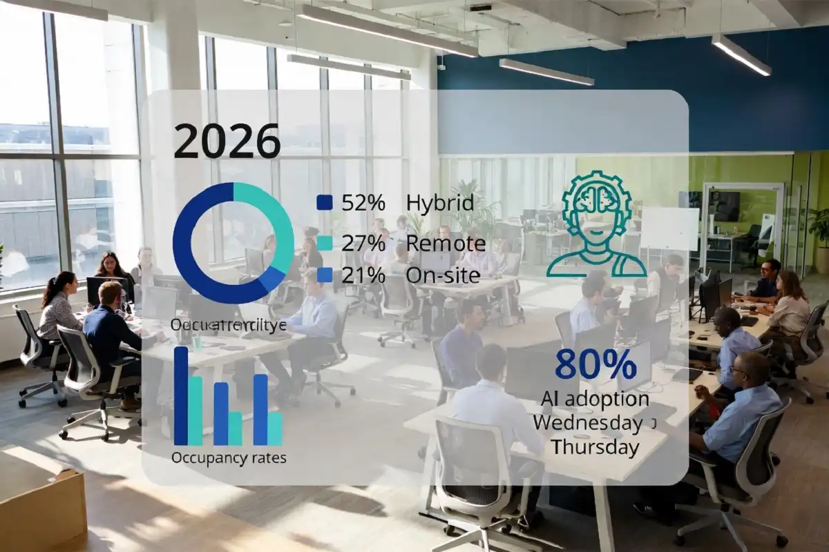 Infographic on office workplace trends showing 2026 hybrid, remote, and on-site work splits inside a modern collaborative office