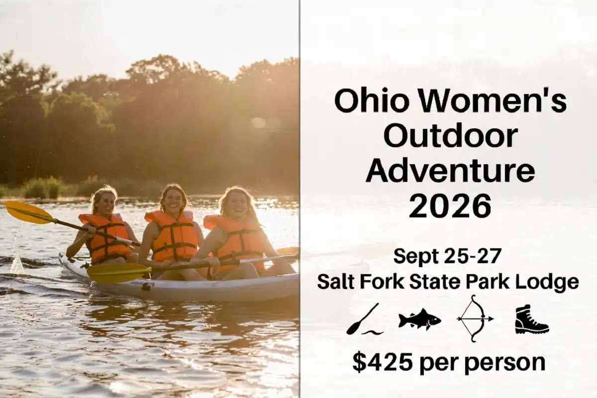 Infographic and photo showing Ohio Women's Outdoor Adventure 2026 dates, Salt Fork State Park location, and $425 cost beside women kayaking
