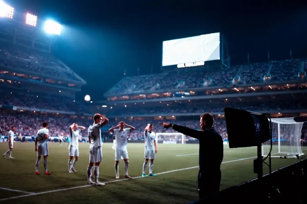 Players reacting in a 2026 World Cup stadium as the big screen confirms VAR denies goal after a pitchside review