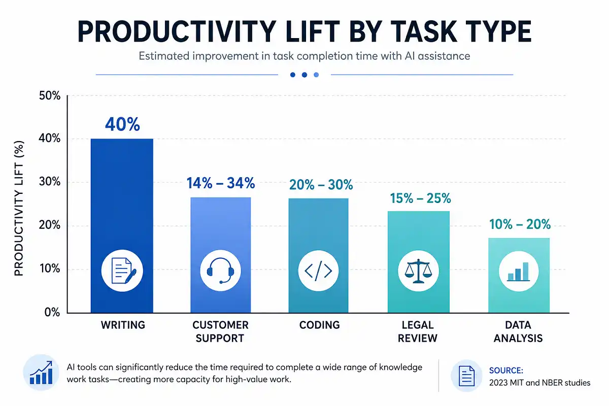 Chart of AI productivity impact 2026 gains across writing, coding, and customer support tasks
