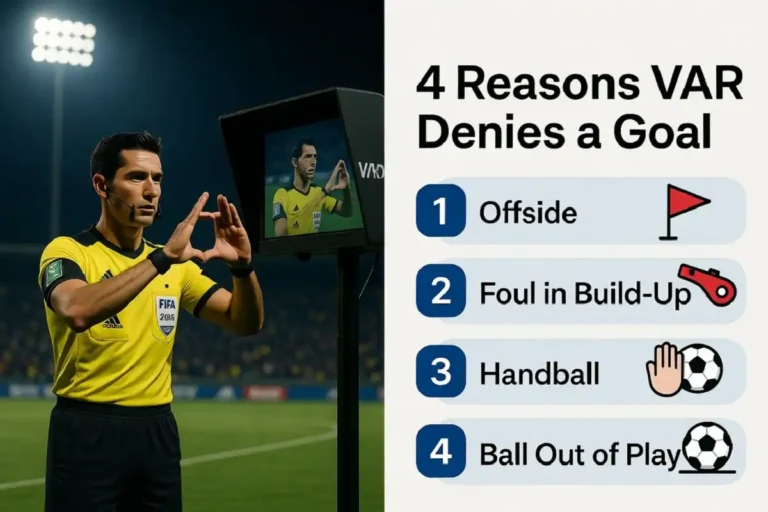 Referee making the VAR review signal next to an infographic listing the four reasons VAR denies goal decisions in 2026: offside, foul, handball, and ball out of play