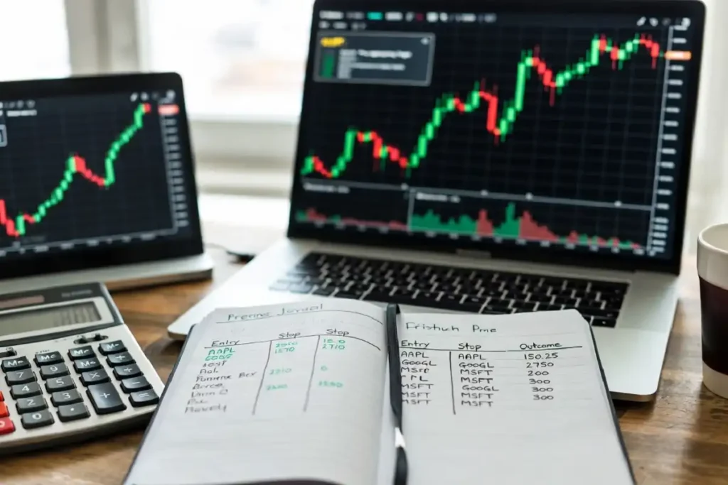 Trader recording AI trade signals results in a written journal next to a laptop chart, showing the verification workflow before risking capital