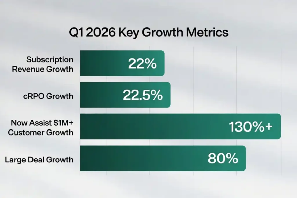 Bar chart comparing ServiceNow Q1 2026 growth metrics including subscription revenue, cRPO, Now Assist customer growth, and large deal growth