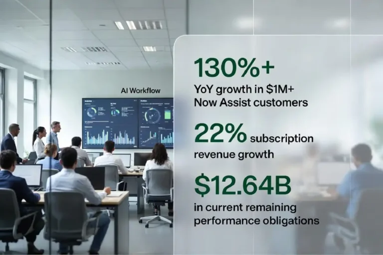 ServiceNow AI targets 2026 infographic showing 130% Now Assist customer growth, 22% subscription revenue growth, and $12.64B in current remaining performance obligations