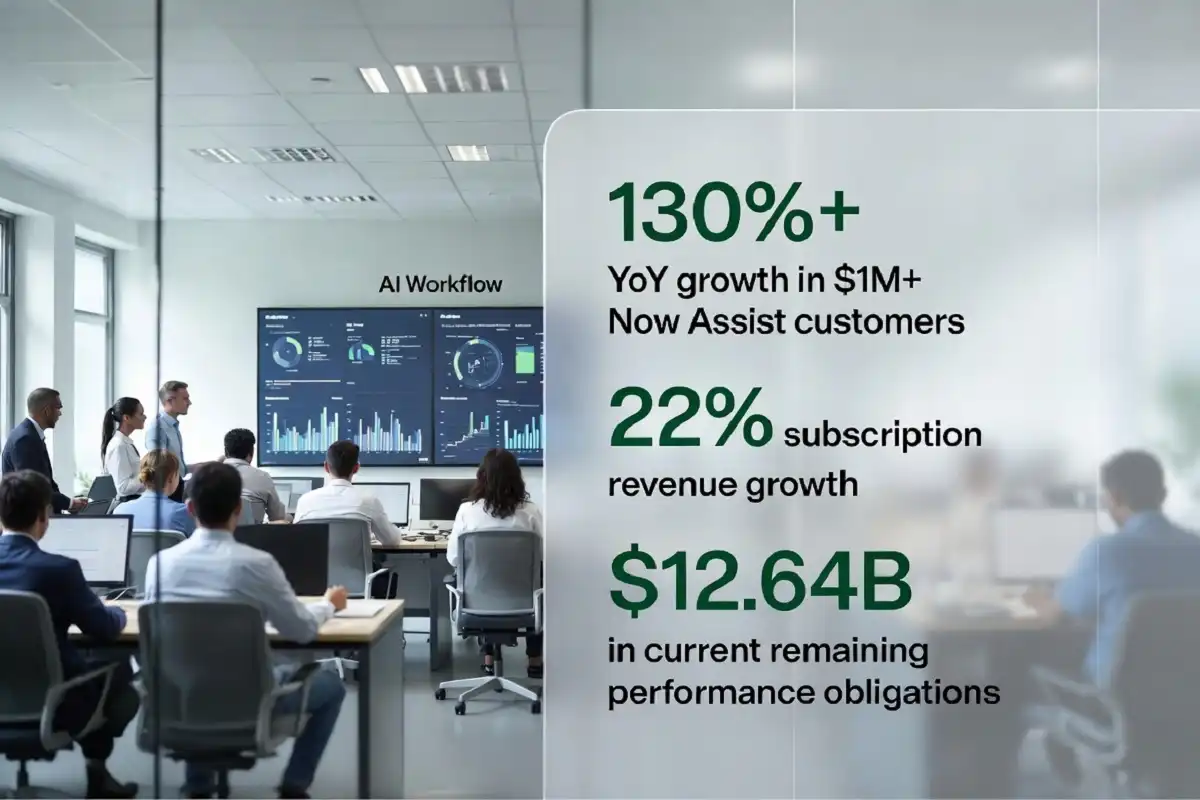 ServiceNow AI targets 2026 infographic showing 130% Now Assist customer growth, 22% subscription revenue growth, and $12.64B in current remaining performance obligations