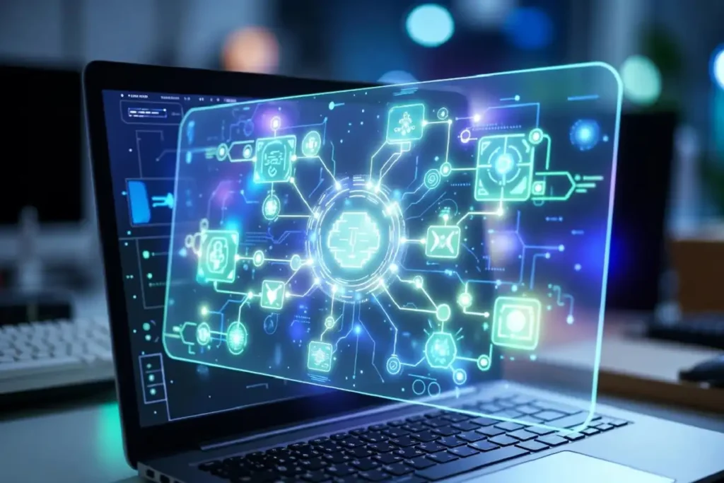 Holographic AI agent interface representing ServiceNow Autonomous Workforce completing enterprise tasks independently