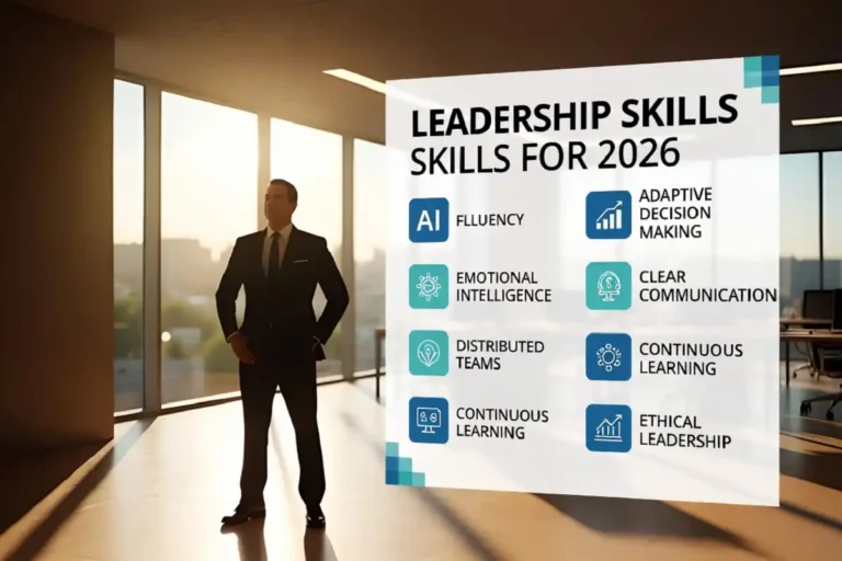 Infographic showing the top leadership skills 2026 leaders need, beside a manager in a hybrid office
