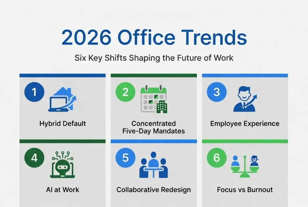 Infographic showing six office workplace trends in 2026 including hybrid work, AI adoption, and office redesign