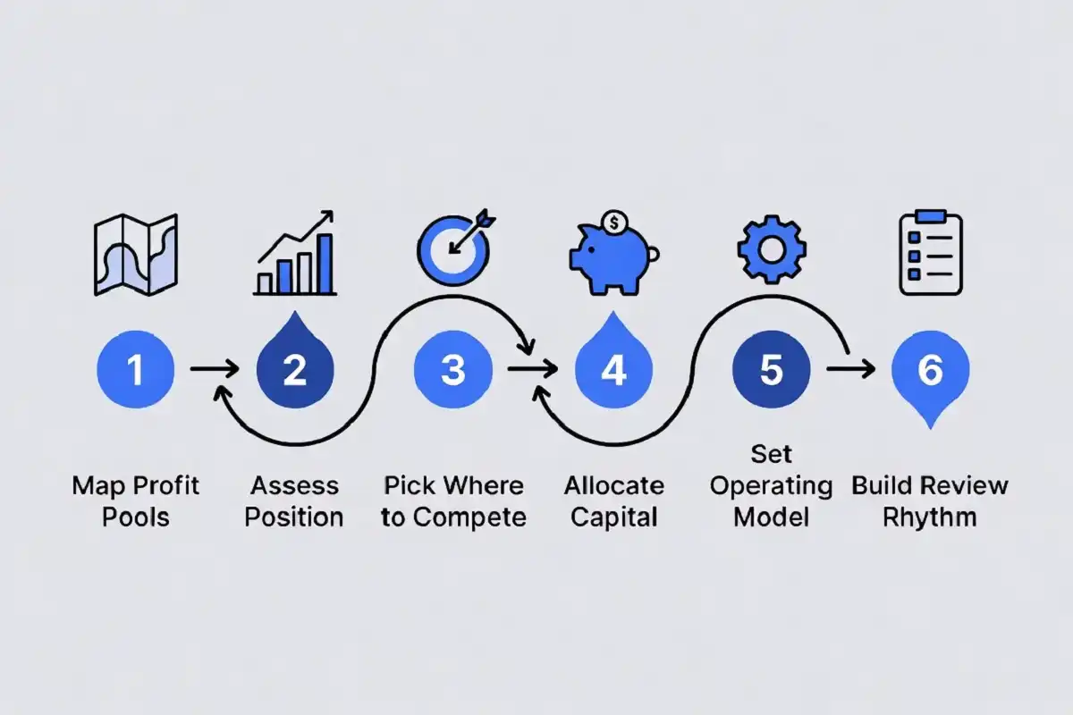 Six-step process infographic showing how to build an enterprise strategy