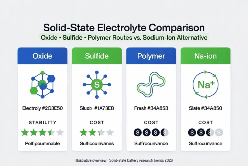 Diagram comparing battery startup innovation chemistry routes including sodium and solid-state options