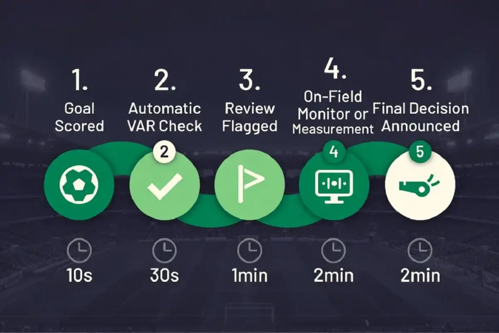 Infographic timeline showing the five steps that happen when VAR denies a goal, from automatic check to final announcement