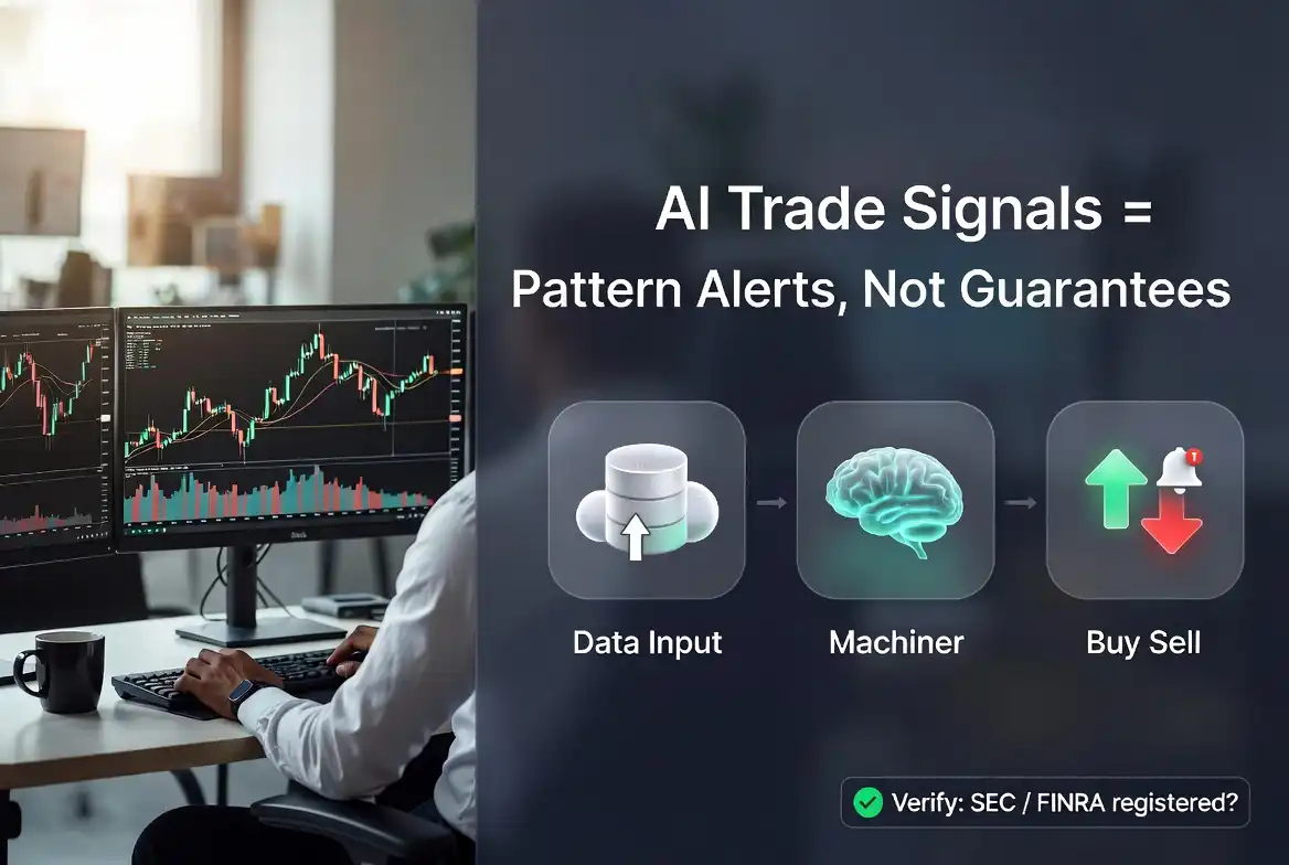 Photorealistic trader at desk beside an infographic showing AI trade signals as machine learning pattern alerts that require verification, not guaranteed profits