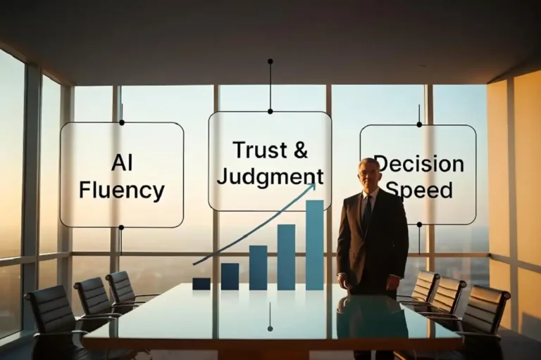 Business leadership 2026 shown as an executive with infographic panels for AI fluency trust and decision speed