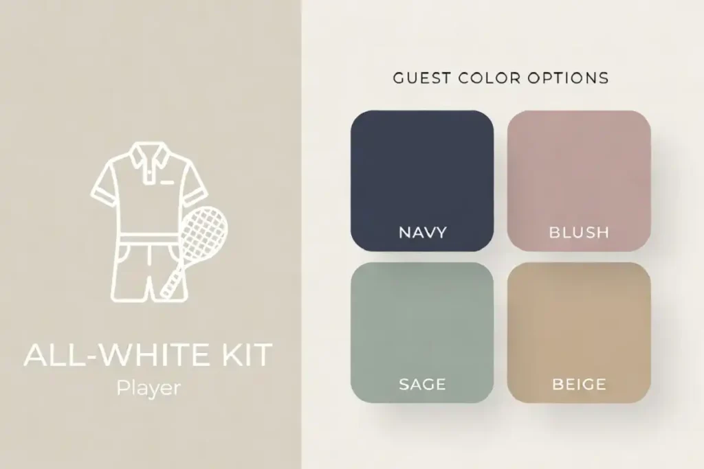 Infographic comparing the all-white player rule with celebrity Wimbledon style color choices for guests