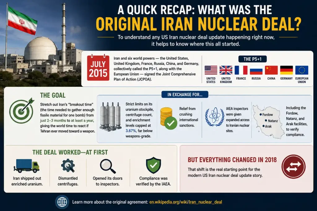 Infographic explaining the 2015 Iran nuclear deal, its limits, inspections, and 2018 shift.