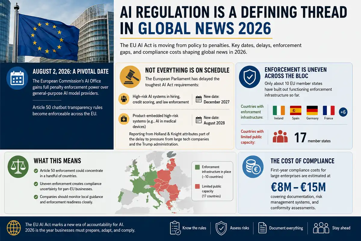 Infographic on EU AI regulation, enforcement timeline, delays, and compliance costs in 2026.