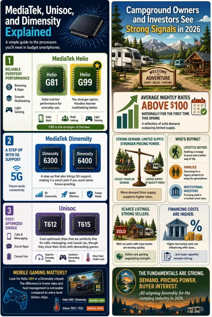 Infographic showing rising campground rates, scarce listings, strong demand, and buyer interest in 2026