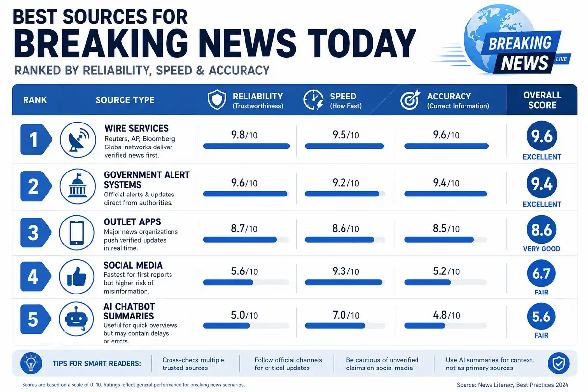  Infographic ranking wire services, alerts, apps, and social media by reliability for breaking news today