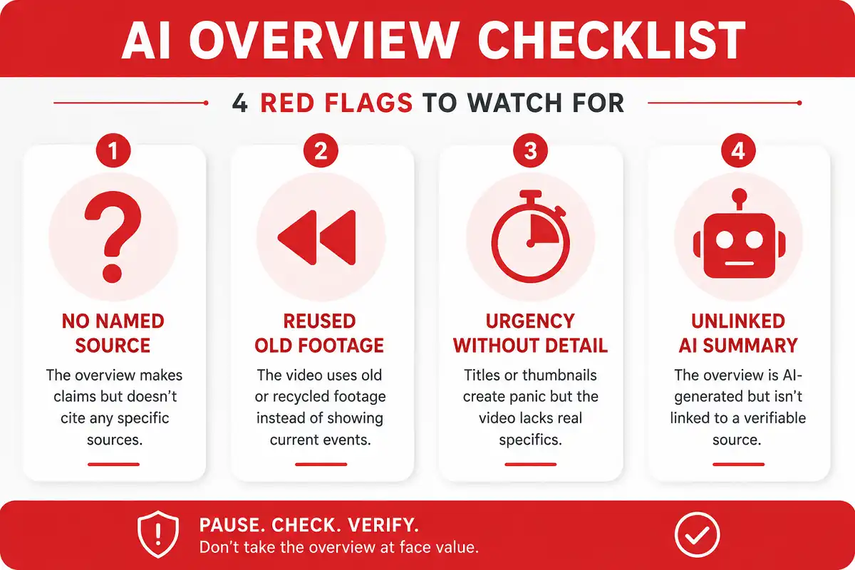Infographic checklist of warning signs for fake breaking news today