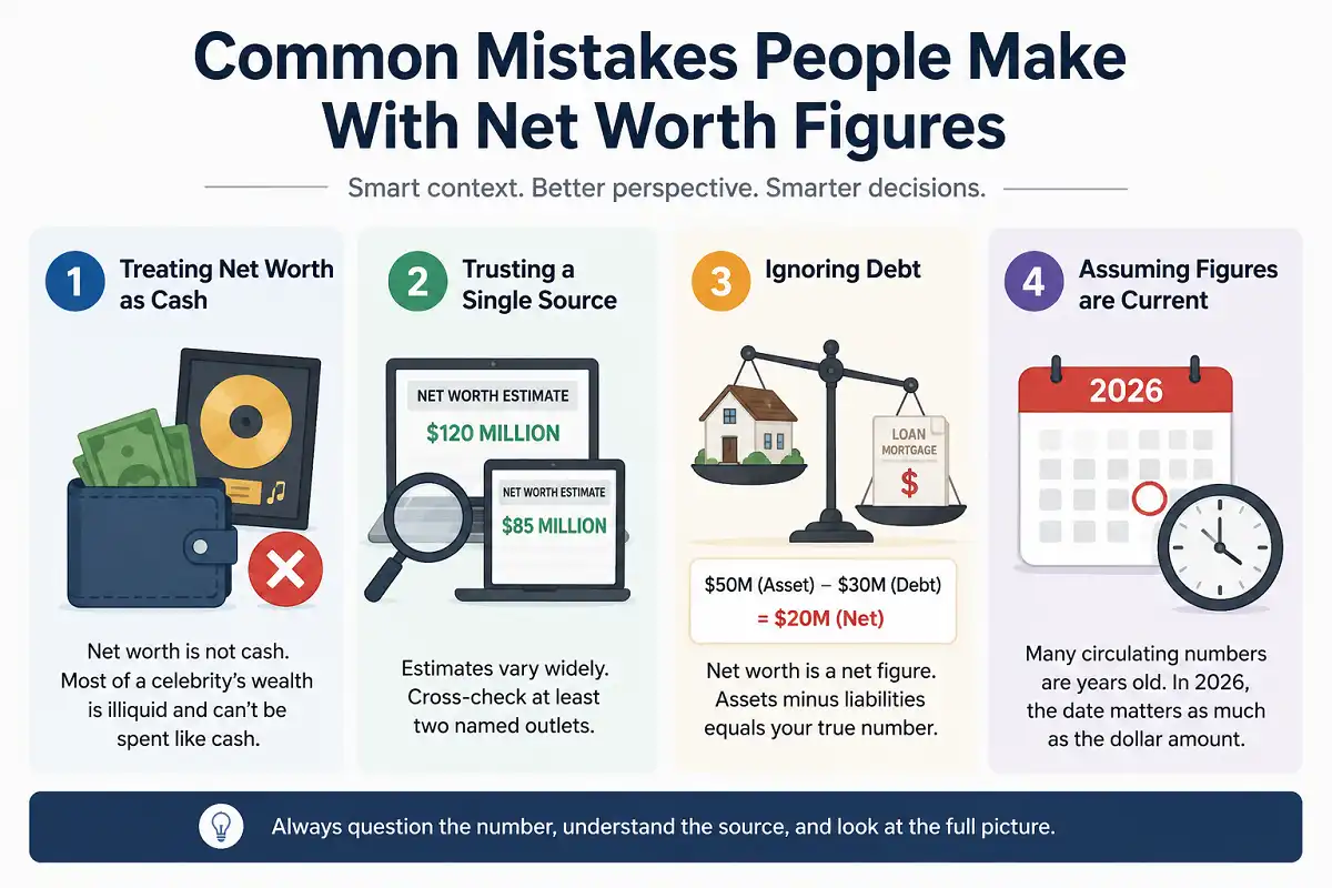 Infographic showing four common mistakes people make when interpreting celebrity net worth figures.
