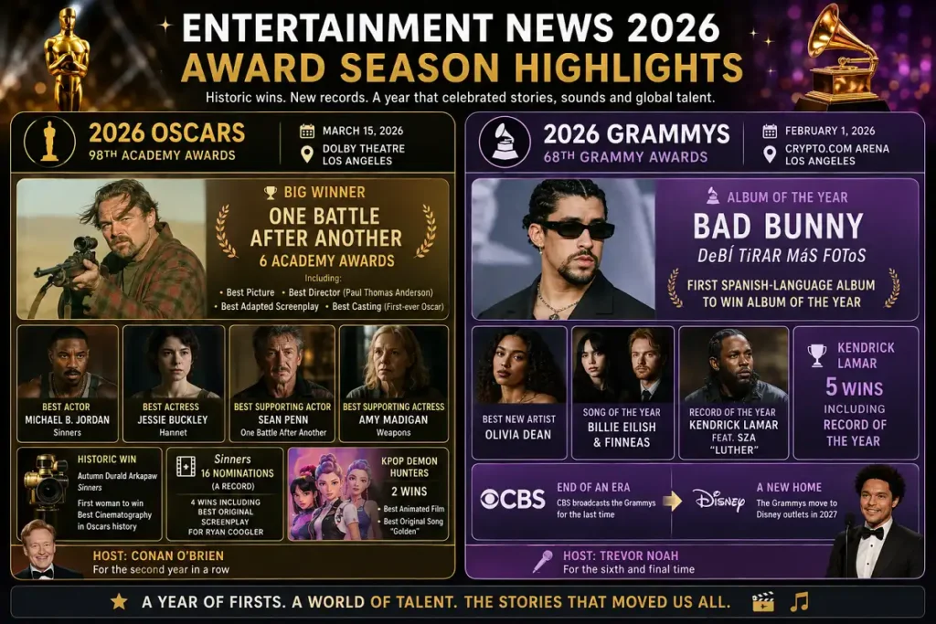 2026 Oscars and Grammys winners, records, hosts, and major highlights