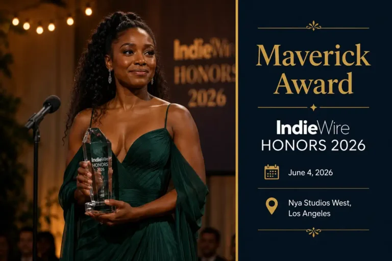 Erika Alexander IndieWire award win shown with a photo and infographic of the June 2026 Maverick Award ceremony