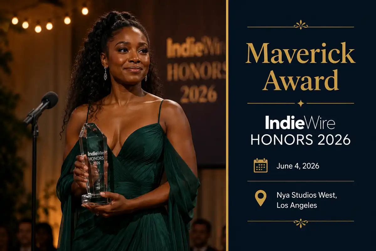 Erika Alexander IndieWire award win shown with a photo and infographic of the June 2026 Maverick Award ceremony