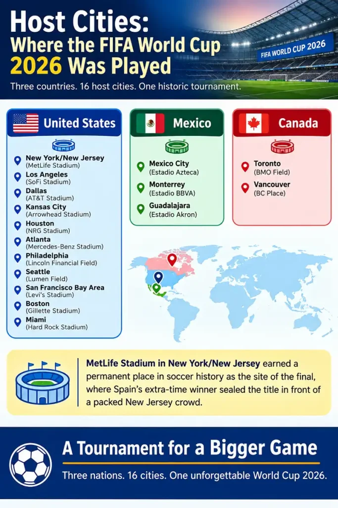 Infographic showing the 16 FIFA World Cup 2026 host cities across three countries.