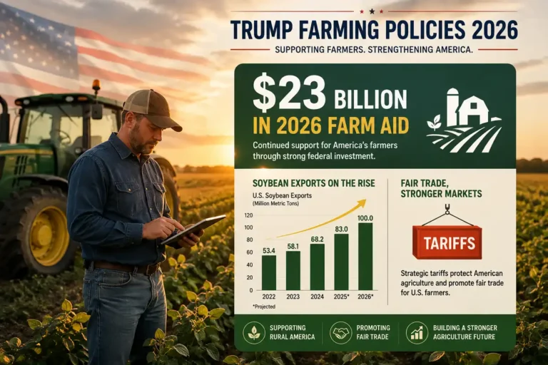 Farmer checking data on Trump farming policies 2026 farm aid and tariffs in a field at sunset