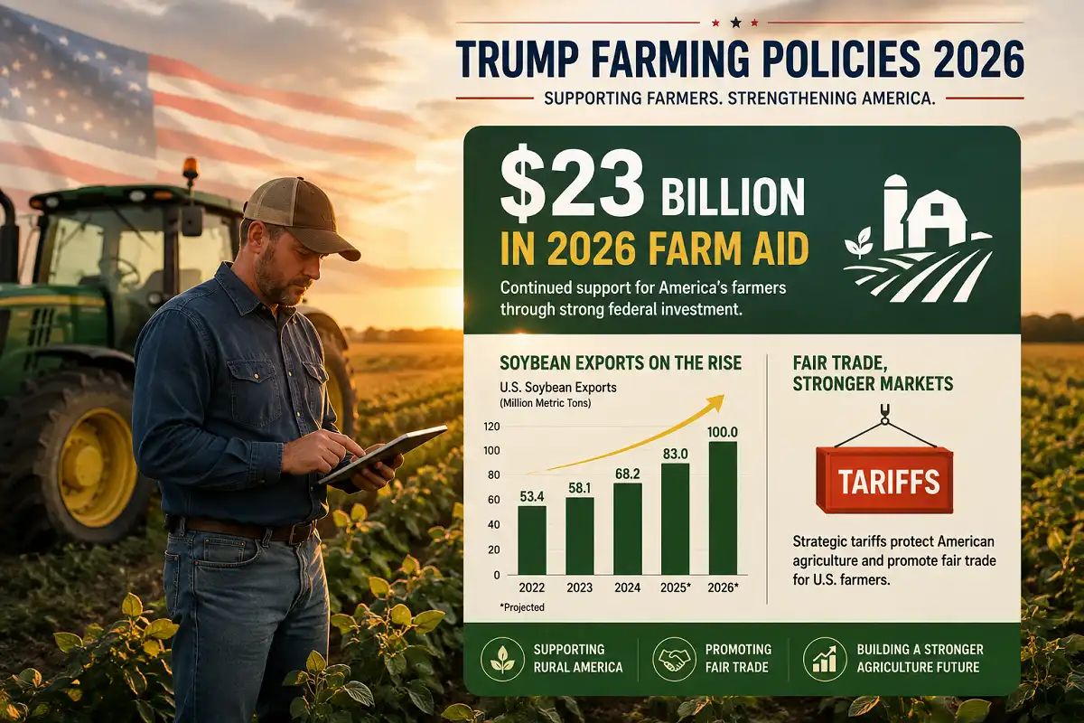 Farmer checking data on Trump farming policies 2026 farm aid and tariffs in a field at sunset
