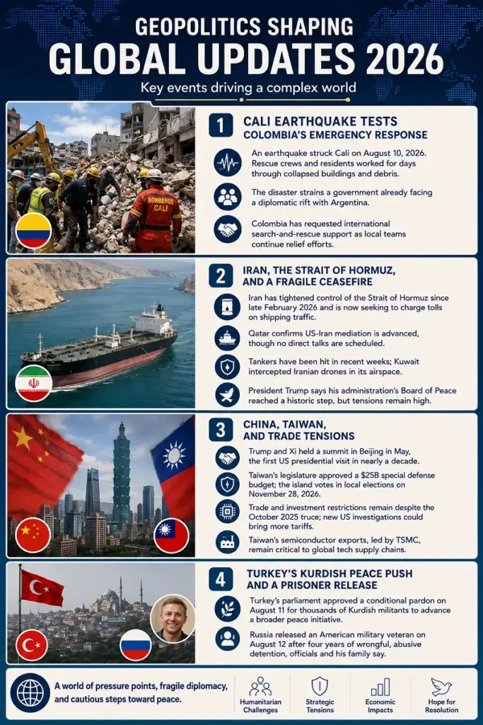 Geopolitical events shaping global updates in 2026 across four major regions.