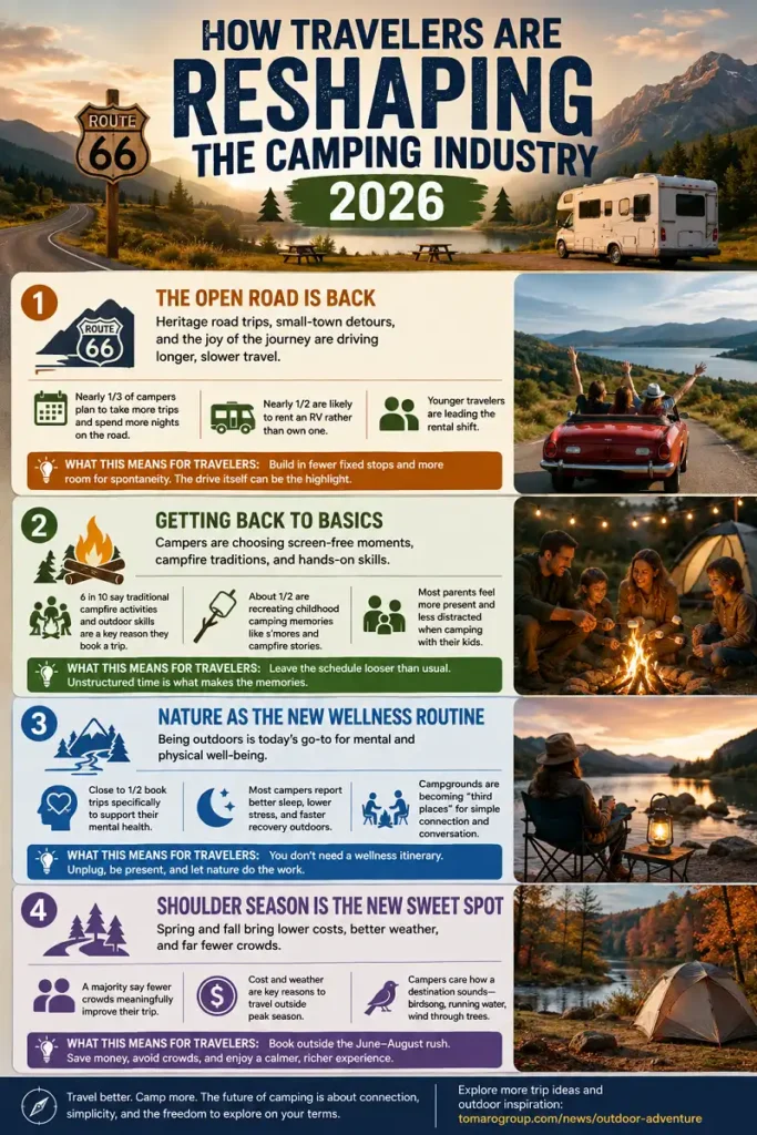 Camping industry trends in 2026 including road trips, wellness, basics and shoulder season travel.