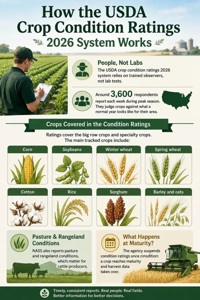 Infographic explaining the USDA crop condition ratings system for 2026