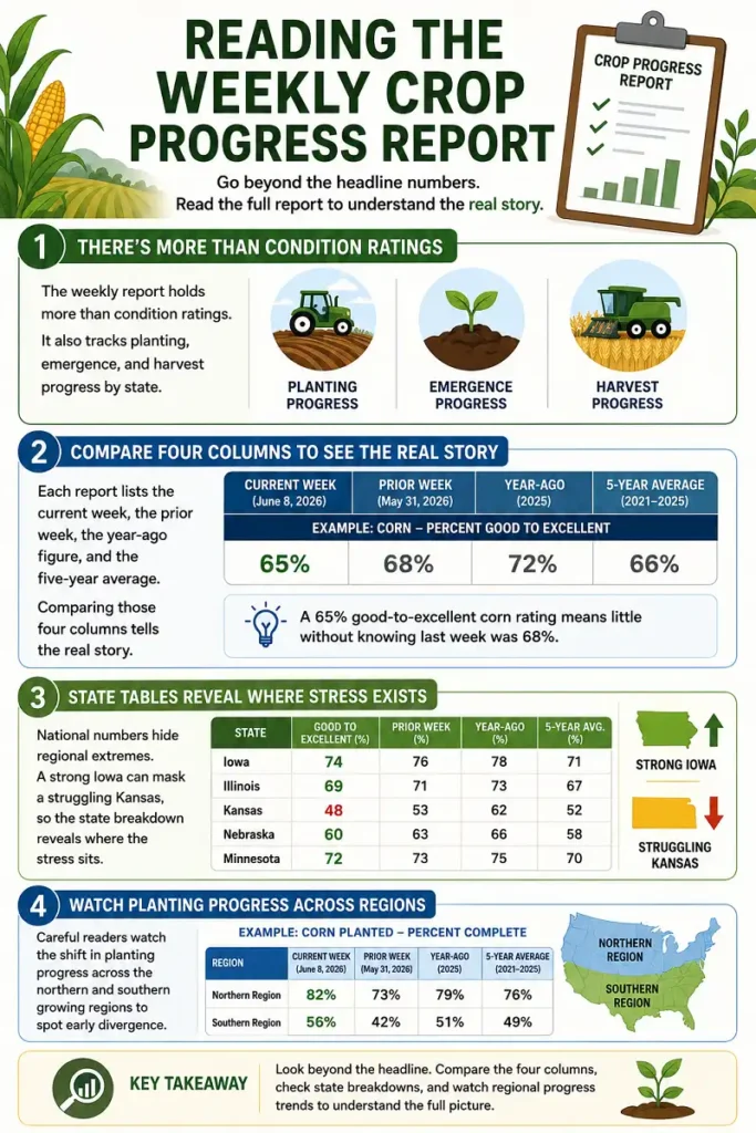 Infographic explaining how to compare weekly crop progress data and state trends.