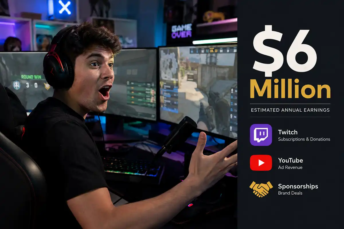 Jynxzi net worth 2026 infographic showing his six million dollar estimate next to his streaming setup